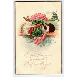 Vintage Easter Postcard with Charming Bunny Rabbits & Pink Flowers Stecher